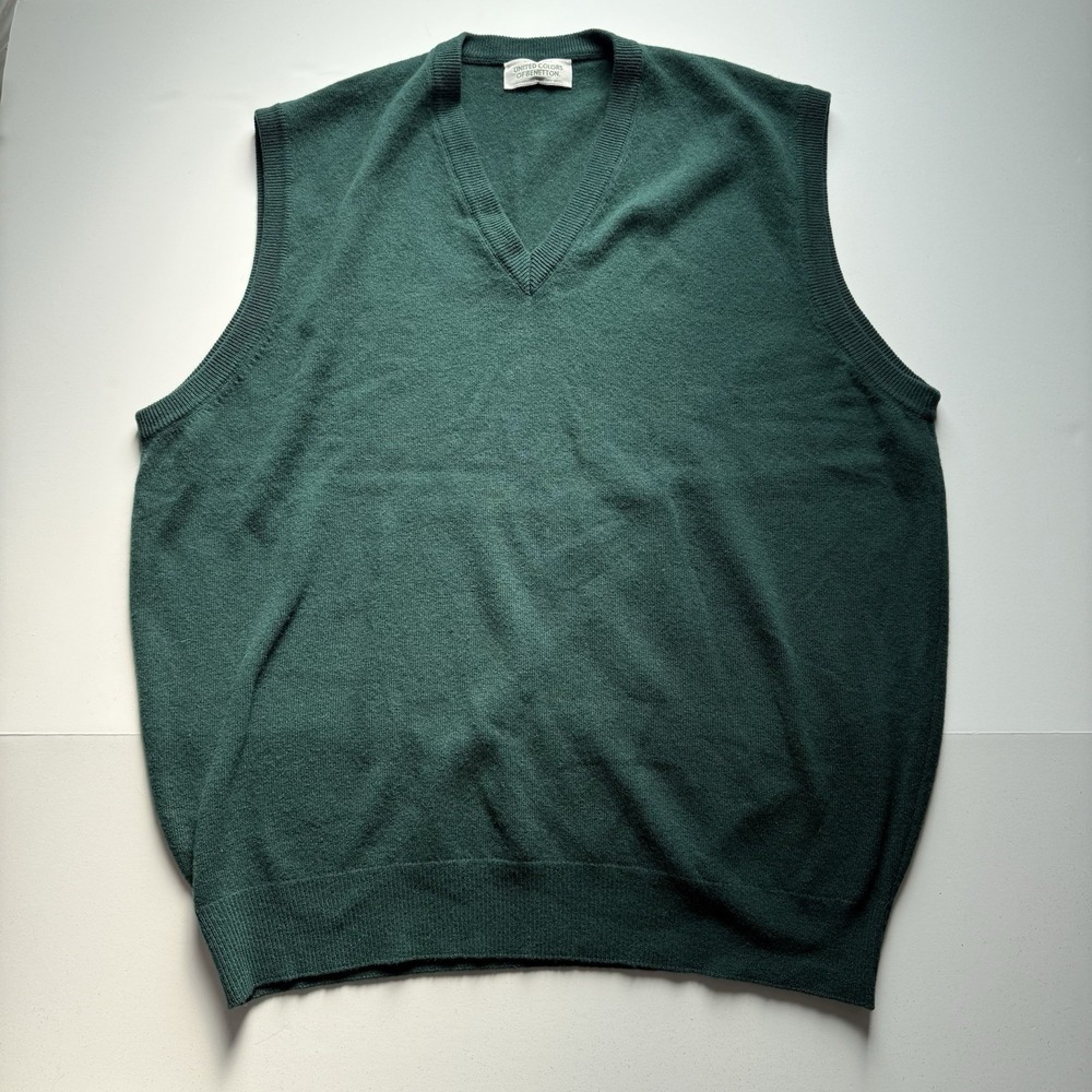 Vintage United Colors of Benetton 100% Wool Vest Size Large Made In Italy Green